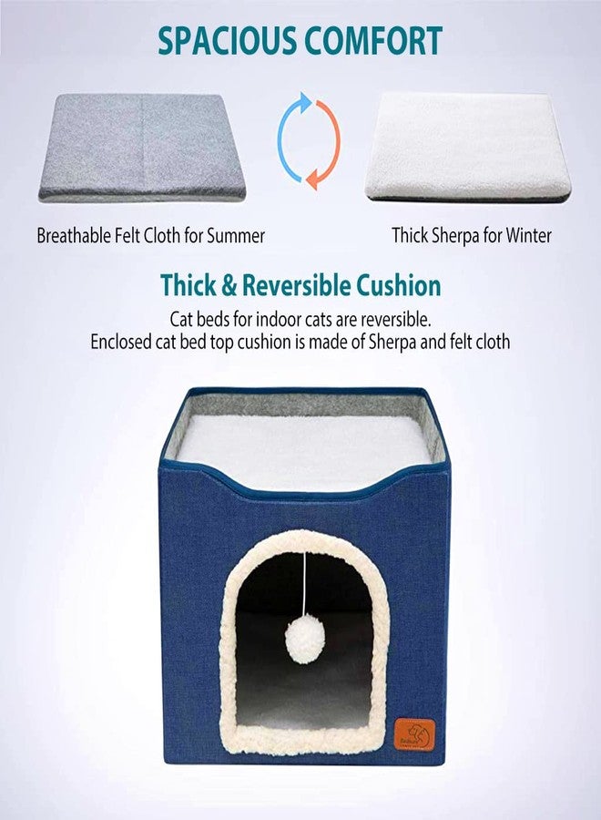 Qpets® Cat Beds for Cats Large Cat House Cat Cave for Pet Cat House with Fluffy Ball Hanging Toy and Scratch Pad, Foldable Cat House Cat Hidewawy, Blue, 16.5x16.5x14 inches - Image 4